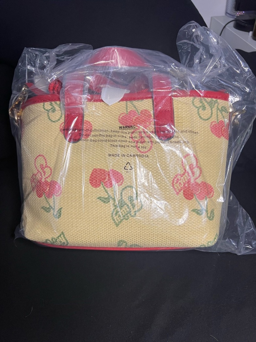 Cherry-Print Red Trim Tote Bag - Picture 2 of 7